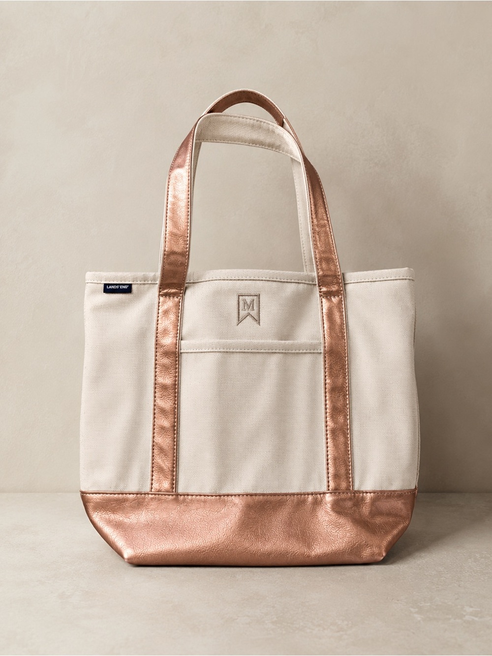 Lands’ End Medium Canvas Tote Rose Gold Metallic Trim Monogram M Mom Bag